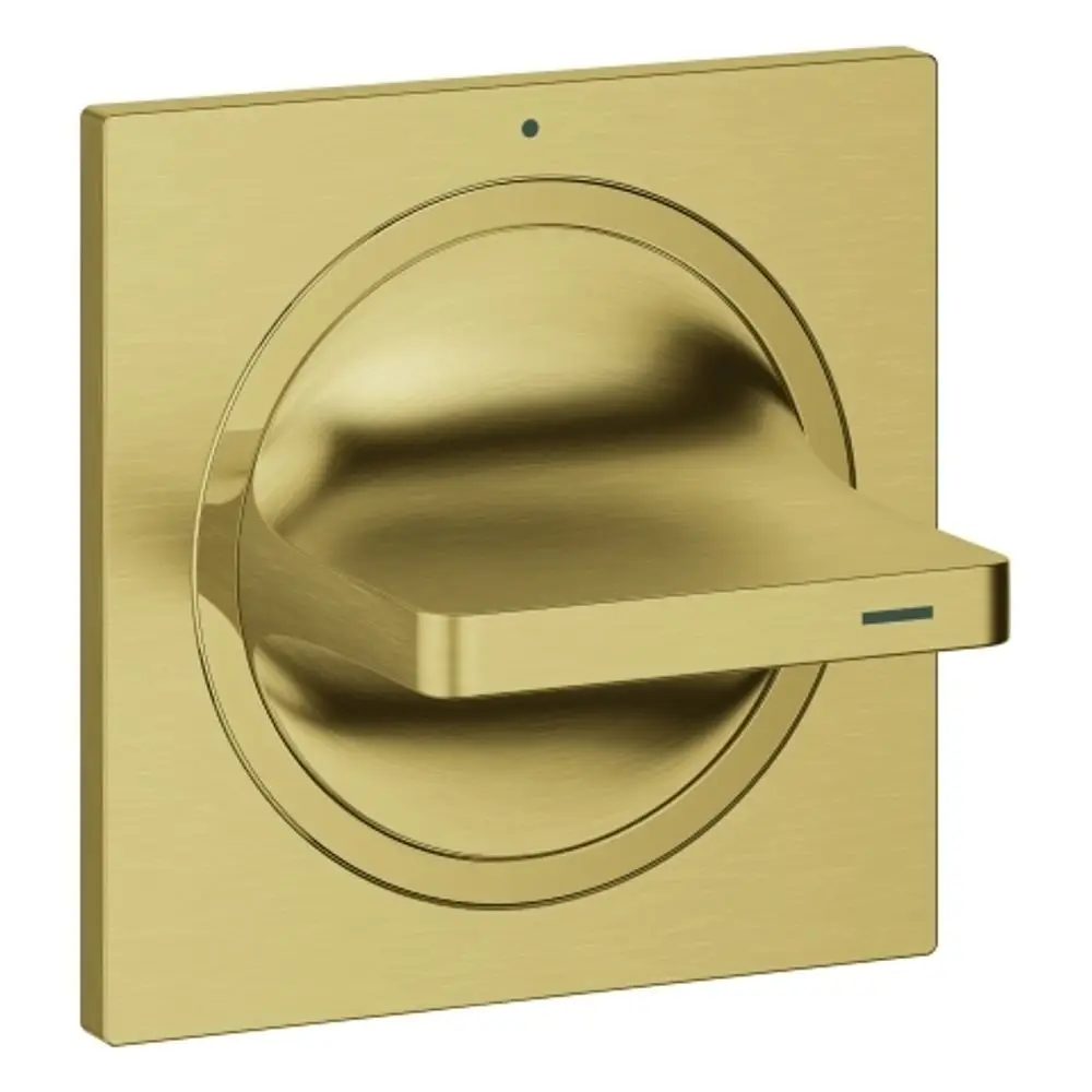GROHE-Produkt mit runder Frontplatte und Hebel für die Steuerung, in einem matten Goldton, montiert auf einer quadratischen Grundfläche.