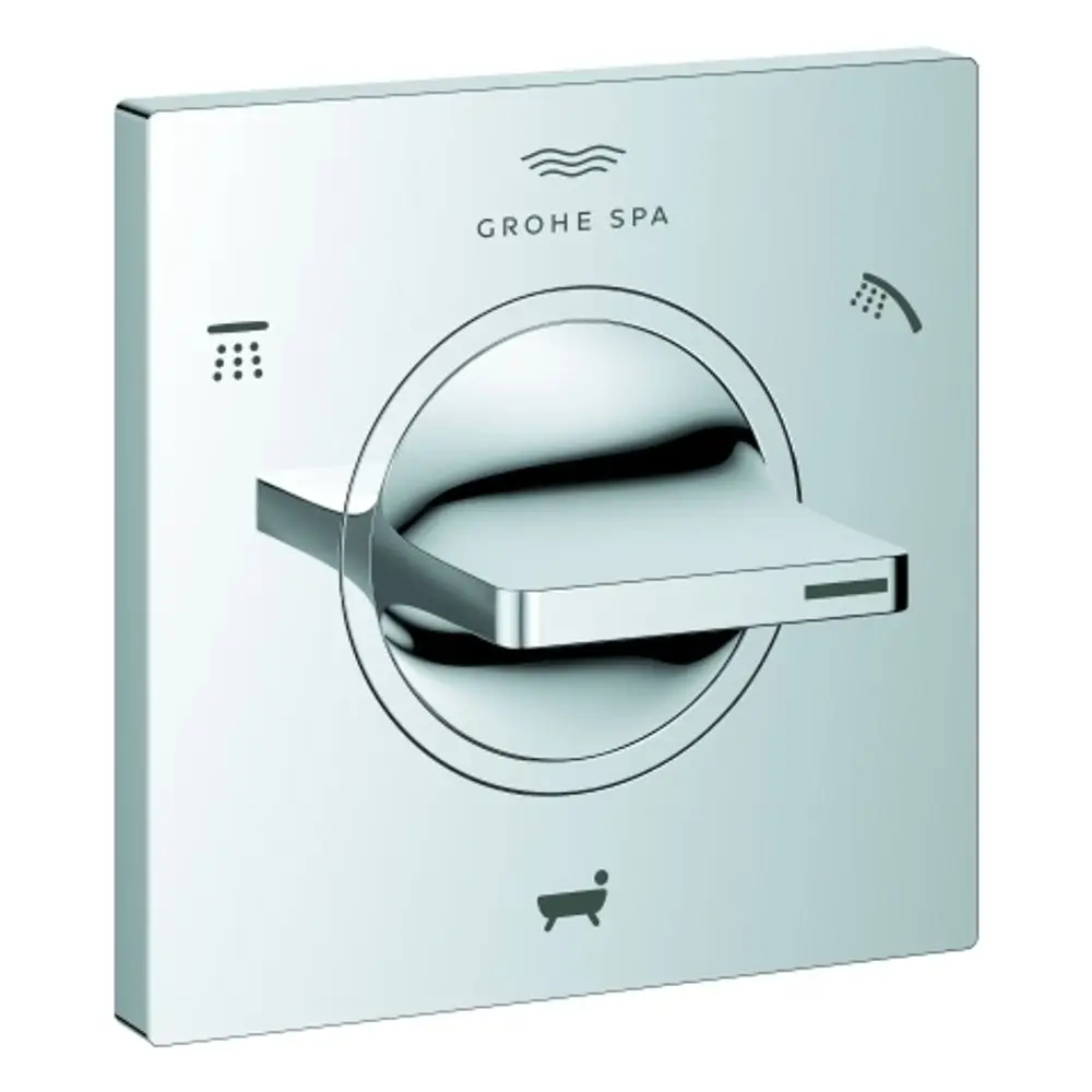 GROHE Bedienblende für eine 3-Wege-Umstellung, mit runder Drehknopfoberfläche und klaren Symbolen für Dusche und Badewanne, in glänzendem Chrom-Finish.