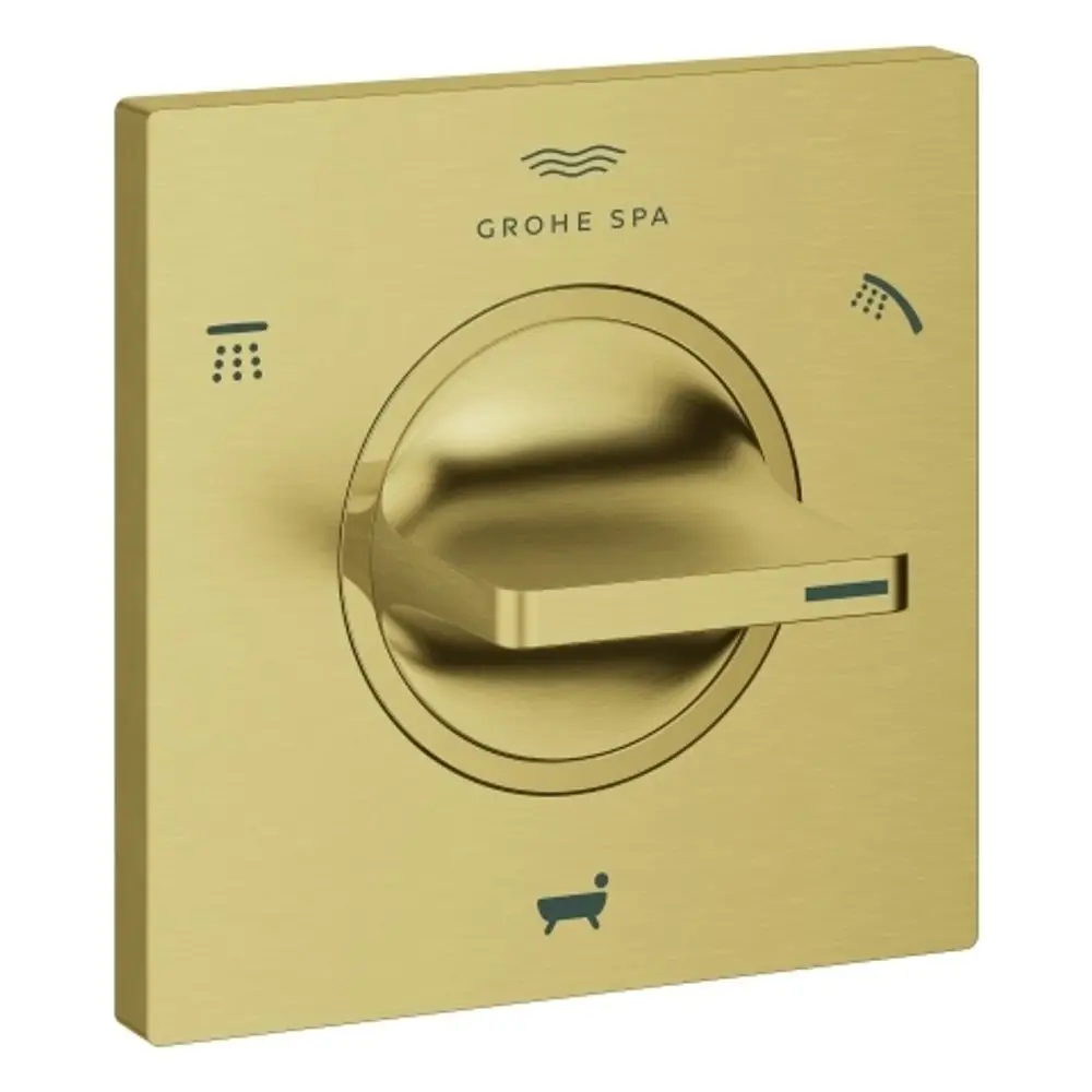 GROHE Wassertemperatur- und -flussregler in gebürstetem Gold mit einem zentralen Hebel zur Umstellung zwischen Dusche und Badewanne, auf quadratischem Panel.