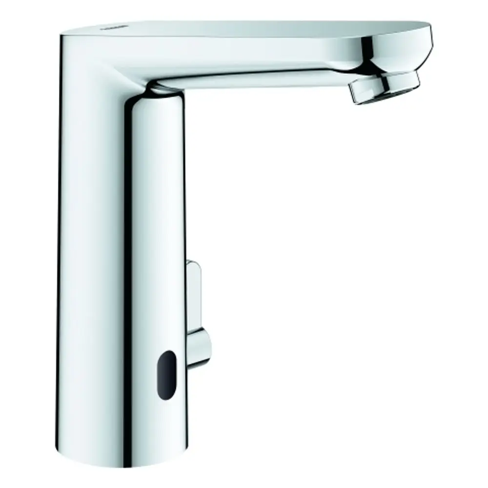 Chromierter Grohe-Wasserhahn mit einem klaren, modernen Design. Er verfügt über eine Bedienungsanordnung seitlich und eine Auslauföffnung oben. Ideal für Waschbecken oder WCs.