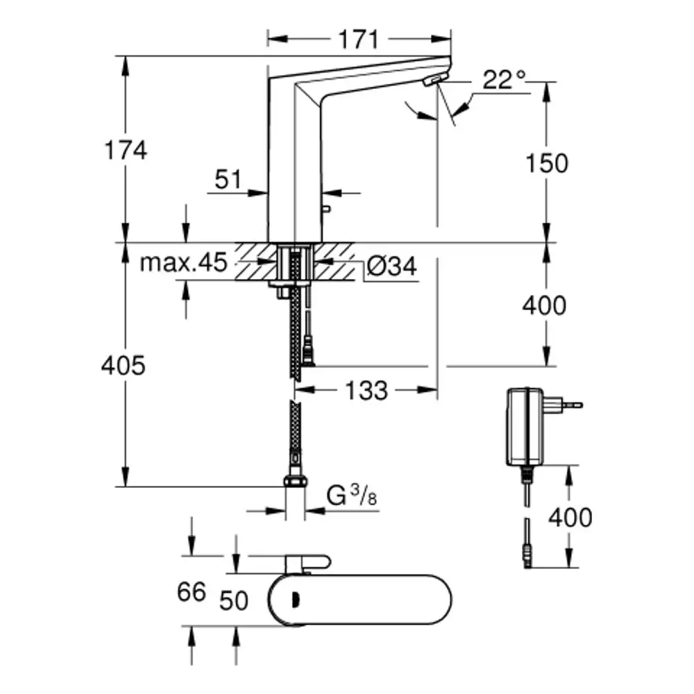 GROHE-Wasserhahn mit elektronischer Steuerung, montierbar auf einer Fläche, zeigt technische Details, einschließlich Maße und Anschlussmöglichkeiten.