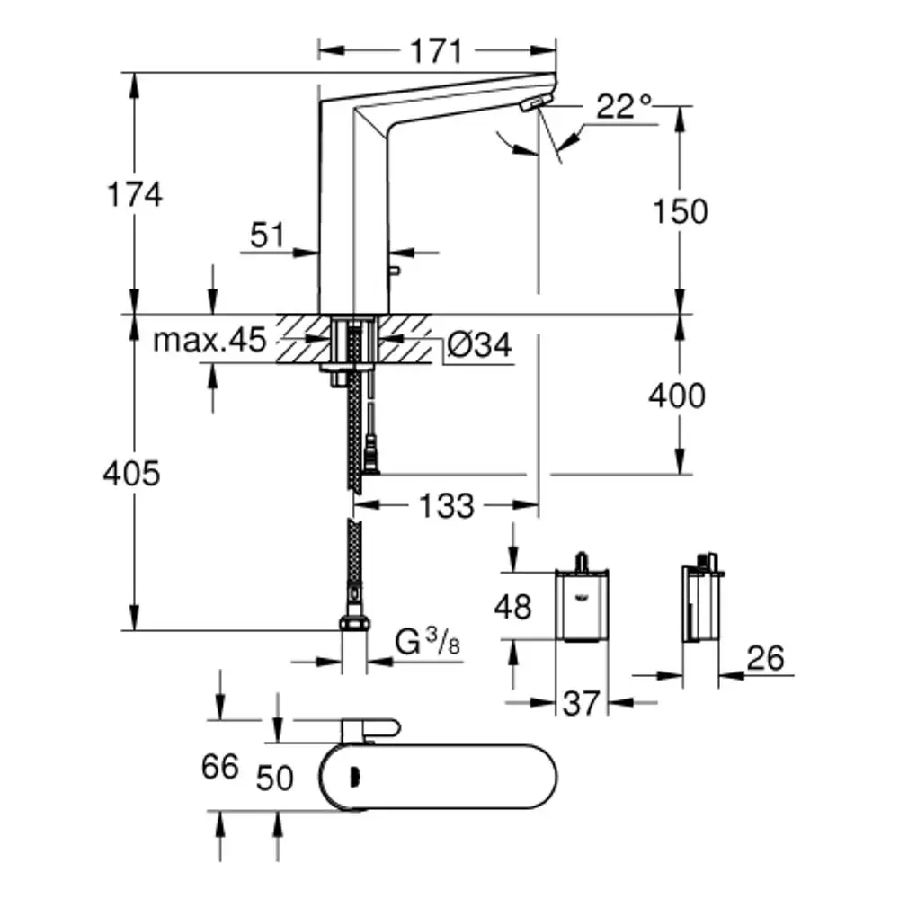 Grohe Wasserhahn mit senkrechter Ausrichtung, klaren Linien und einer Armatur, die sich um 22° neigen lässt. Maße und Details des Montagesystems sind sichtbar.