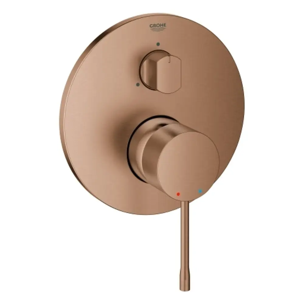 Brausearmatur von Grohe in gebürstetem Metall mit einem runden Kontrollknopf zur Temperatur- und Wasserflussregelung sowie einem minimalistischen Design.