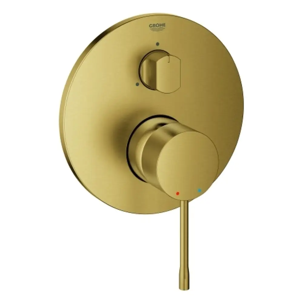 Wandmontierte Mischbatterie von Grohe in gebürstetem Gold mit Temperaturregler und Auslauf. Runder, minimalistischer Designansatz.