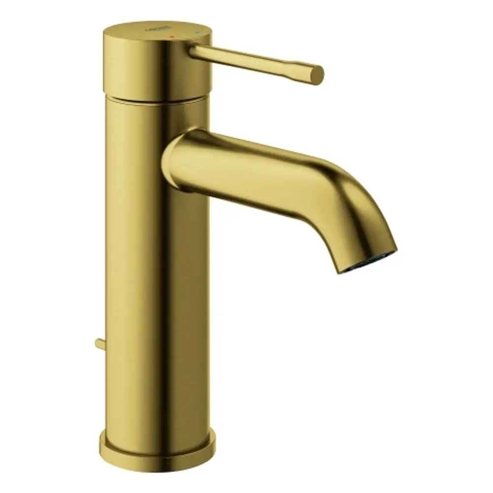 Einhand-Waschtischbatterie in gebürstetem Gold von Grohe mit waagerechtem Auslauf und einem Bedienhebel zur Einstellung von Wasserfluss und Temperatur.