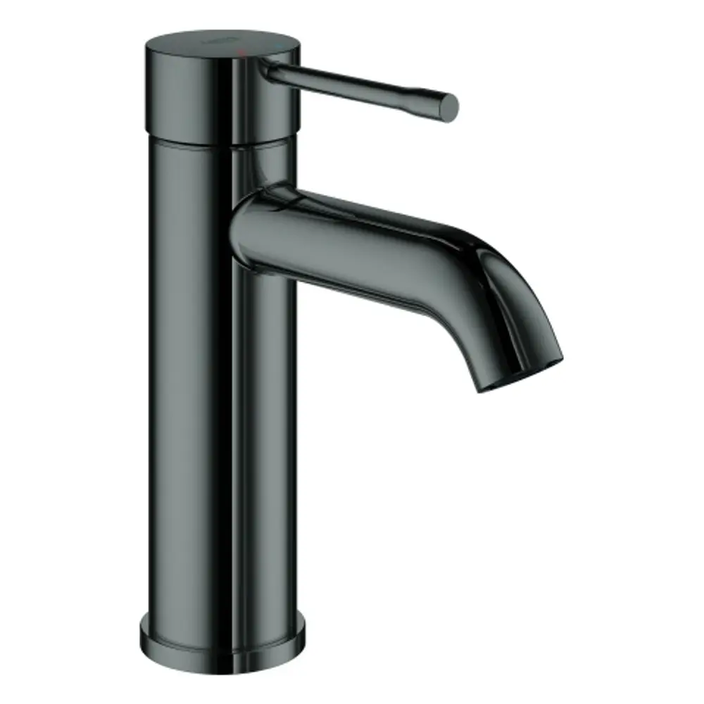 GROHE-Wasserhahn in mattem Schwarz mit einem glatten Körper und einem einarmigen Hebel zur Steuerung des Wasserflusses, geeignet für moderne Badezimmereinrichtungen.