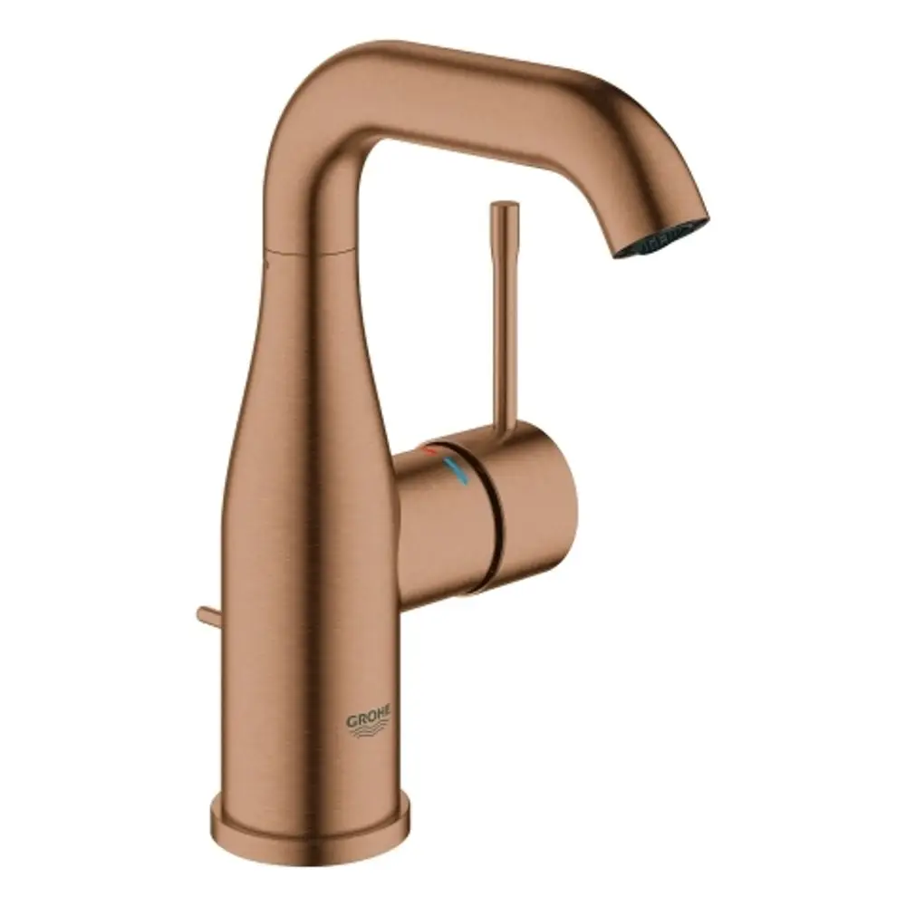 Wasserhahn in bronzefarbenem Finish mit seitlichem Hebel von Grohe. Der Auslauf hat eine geschwungene Form und eine matte Oberfläche.