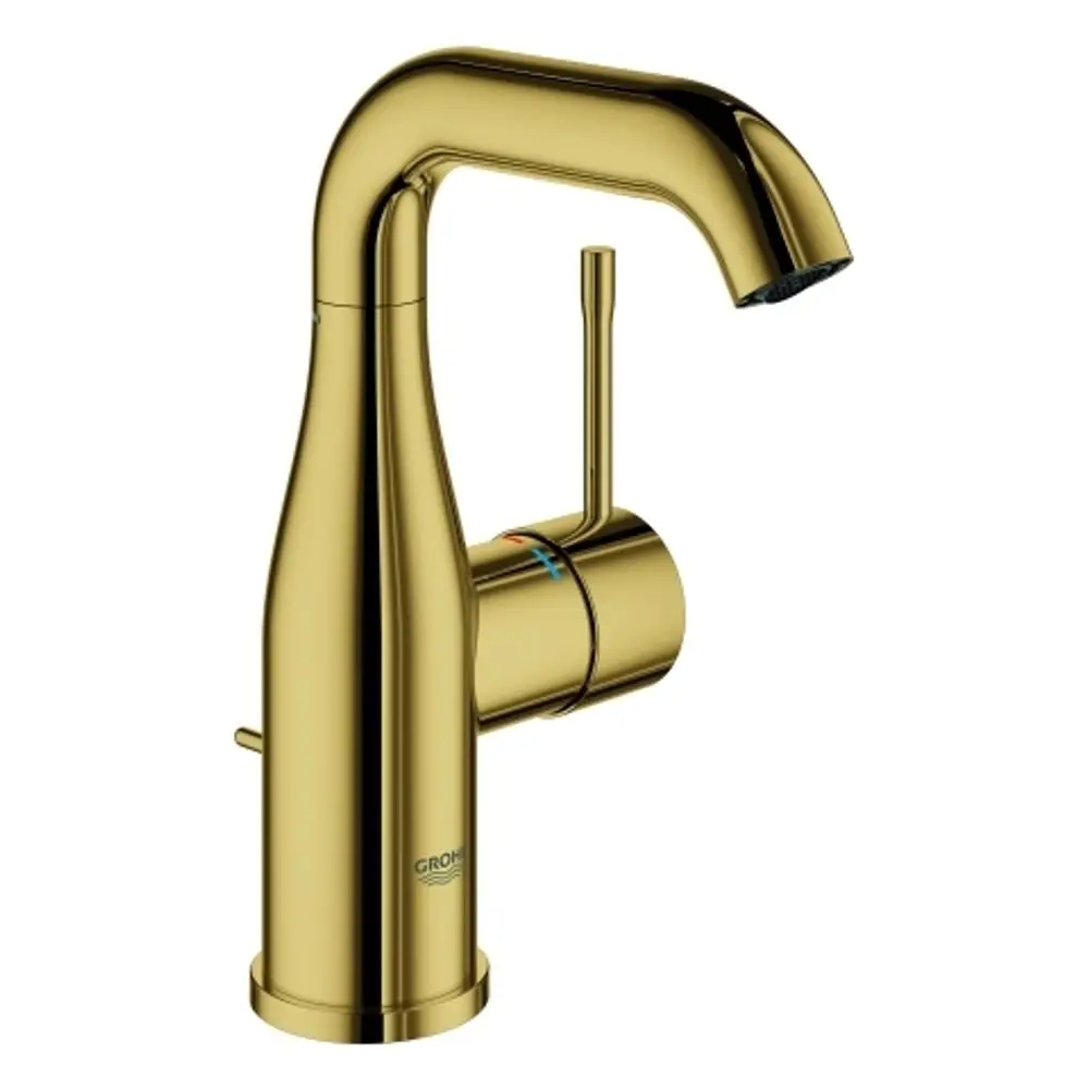 GROHE-Wasserhahn in Gold mit elegantem Design und Hebel zur Temperatur- und Mengeneinstellung. Auslauf mit sanft geschwungener Öffnung.