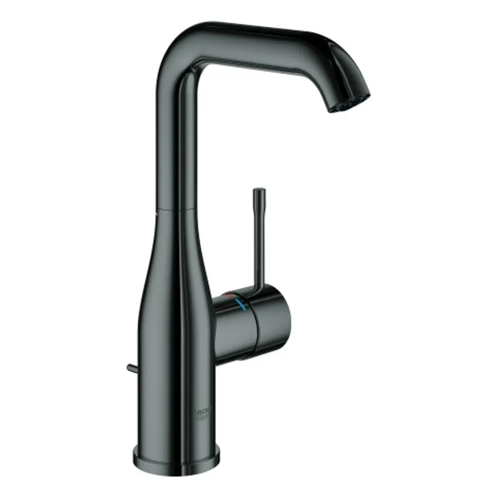 Grohe Wasserhahn in hartem Graphit mit U-Auslauf und seitlichem Hebel. Das Design ist modern und funktional, geeignet für verschiedene Waschbecken.
