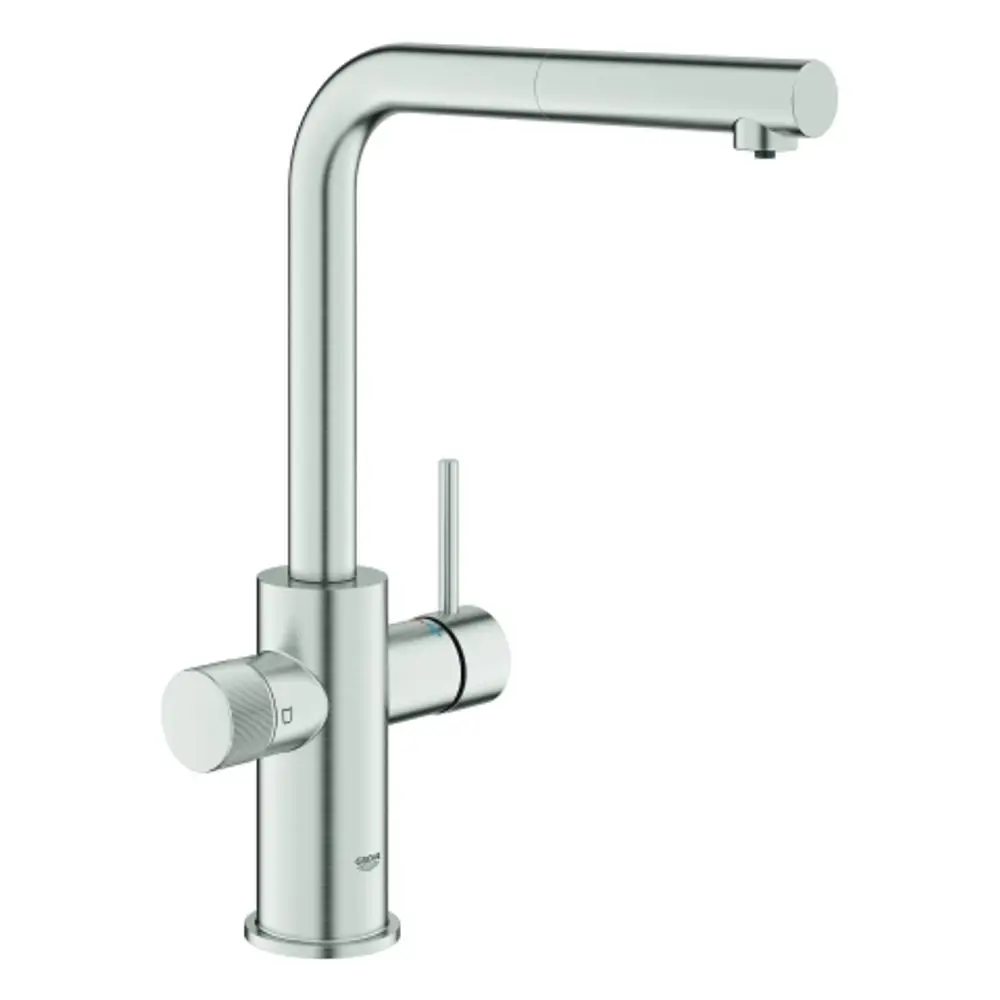 Wasserhahn mit schlankem Design und einhebeliger Steuerung von Grohe. Ausführung in Edelstahl-Optik, geeignet für moderne Küchen.