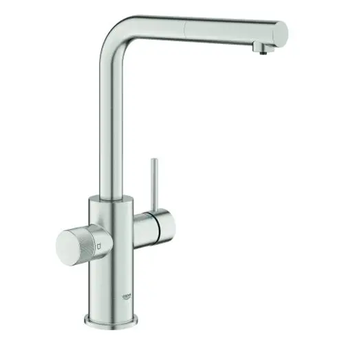 Wasserhahn mit schlankem Design und einhebeliger Steuerung von Grohe. Ausführung in Edelstahl-Optik, geeignet für moderne Küchen.
