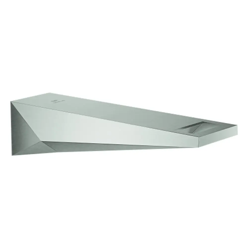 Wandmontierter Wasserhahn aus Edelstahl mit eleganter Form. Grohe-Logo sichtbar. Entwurfsstil mit klaren Linien und minimalistischem Design.