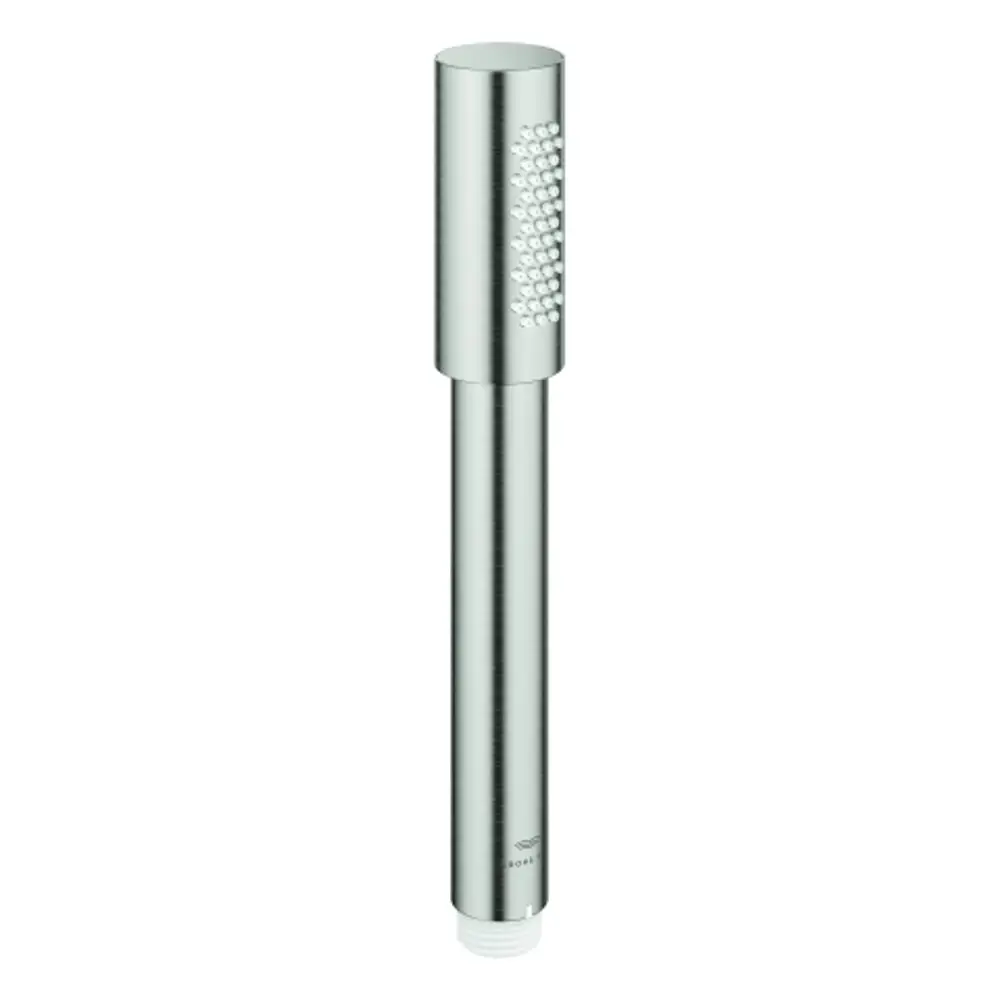 Handbrause von Grohe mit einem schlanken Design und einer gleichmäßigen Oberflächenstruktur. Die Brause hat einen runden Kopf mit einem Strahlart-System.