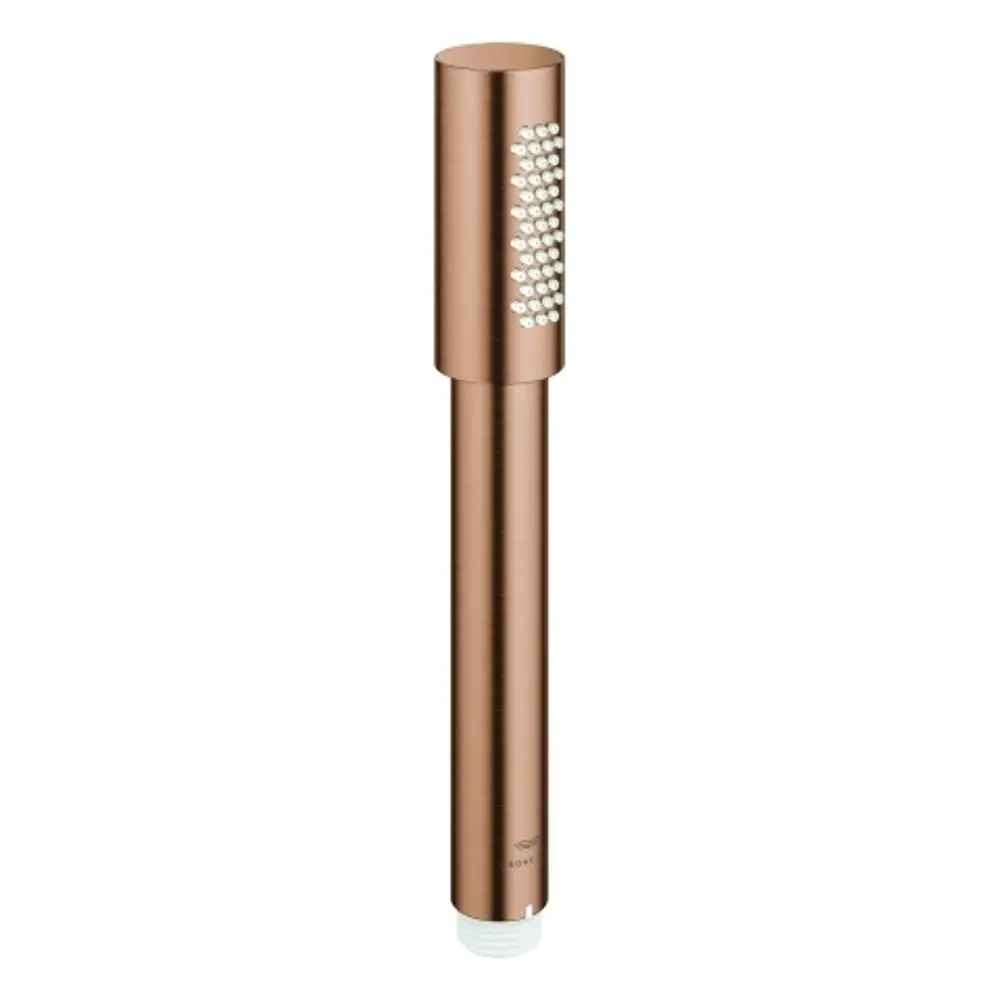 Grohe Handbrause in gebürstetem Kupfer mit gerader Form und einer Reihe kleiner Düsen für Wasserstrahl. Entwurf ist schlicht und modern.