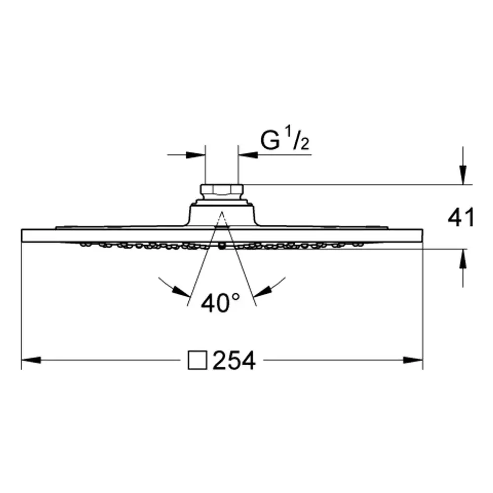 GROHE Duschkopf mit flacher, runder Form. Sichtbare Montageplatte oben, mit Wasserstrahlöffnungen und geringer Bauhöhe. Maße nicht angegeben.