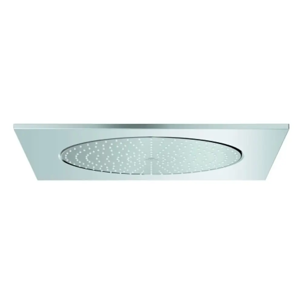 Grohe Deckenbrause in rechteckiger Form, verchromt, mit tropfenförmigen Düsenauslässen für gleichmäßige Wasserverteilung. Ideal für moderne Badezimmer.