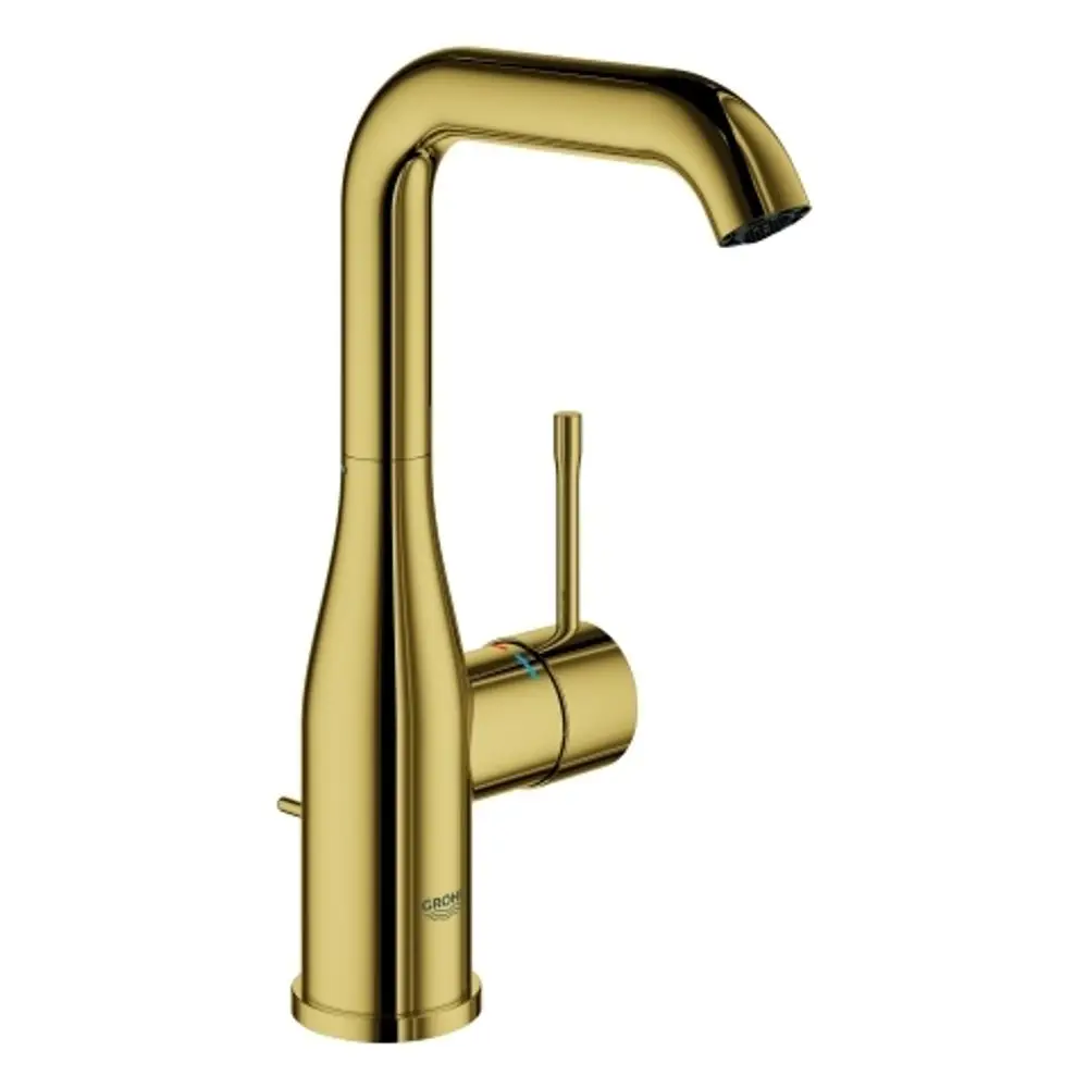 GROHE-Armatur mit goldenem Finish, rundem Auslauf und seitlichem Hebel zum Regulieren von Wasserfluss und Temperatur, montiert auf einer senkrechten Basis.