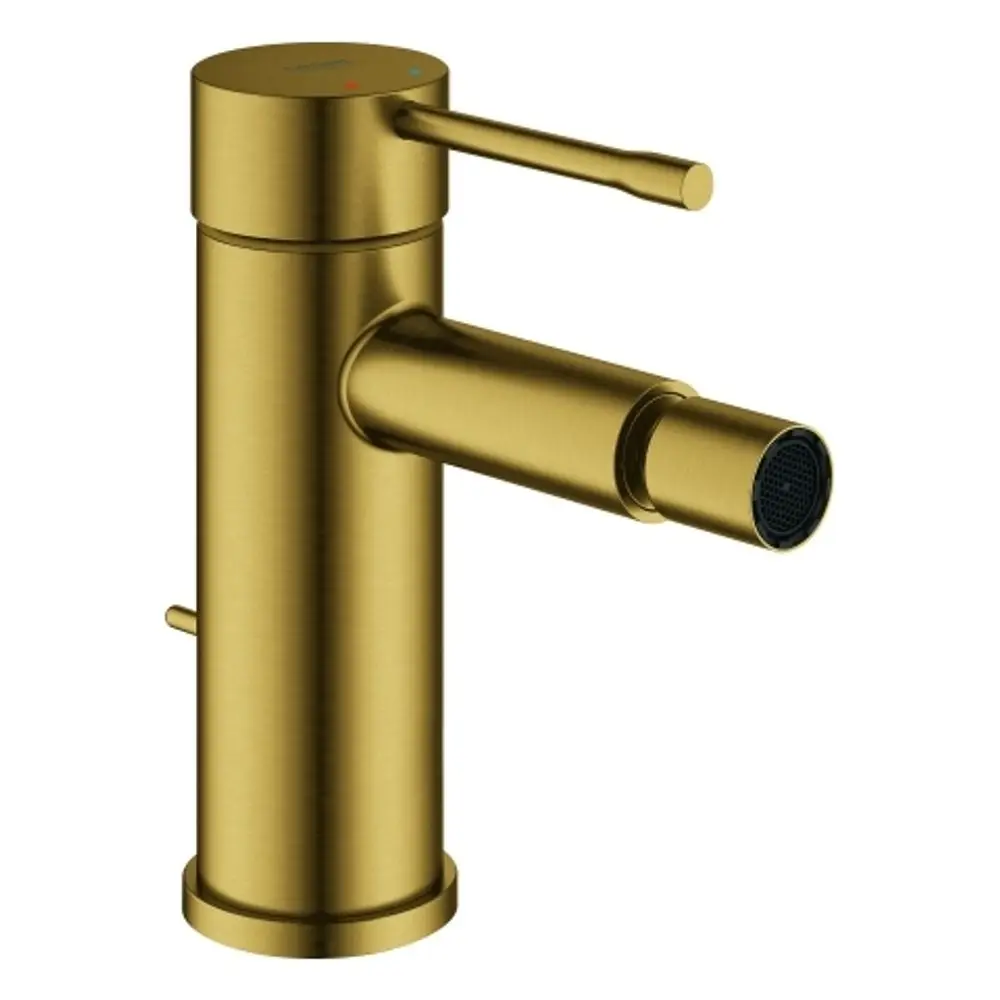 Einhand-Bidetbatterie von Grohe in gebürstetem Goldfarbton. Der Körper ist zylindrisch, mit einem seitlichen Hebel zur Temperatur- und Durchflussregelung.