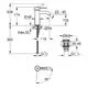 GROHE-Waschtischarmatur mit einem Push-open-Ablaufsystem, grafische Darstellung der Dimensionen und Montageinformationen. Schnittansicht und Detailzeichnungen enthalten.