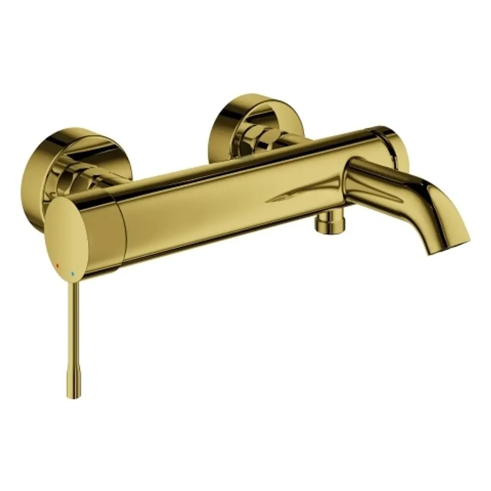 Wandmontierte, goldfarbene Armatur von Grohe mit zwei Rändelknöpfen für Temperaturregelung und einem Auslauf. Ideal für Wannenmontage.