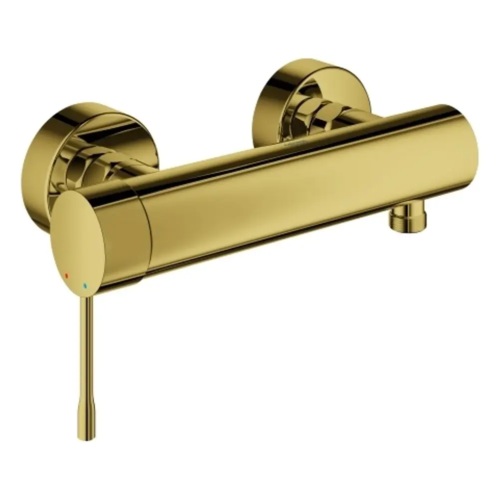 Wandmontierte Grohe Brausebatterie in glänzendem Goldfinish. Auslauf und Bedienhebel sind sichtbar, sowie Symbole für Warm- und Kaltwasser.