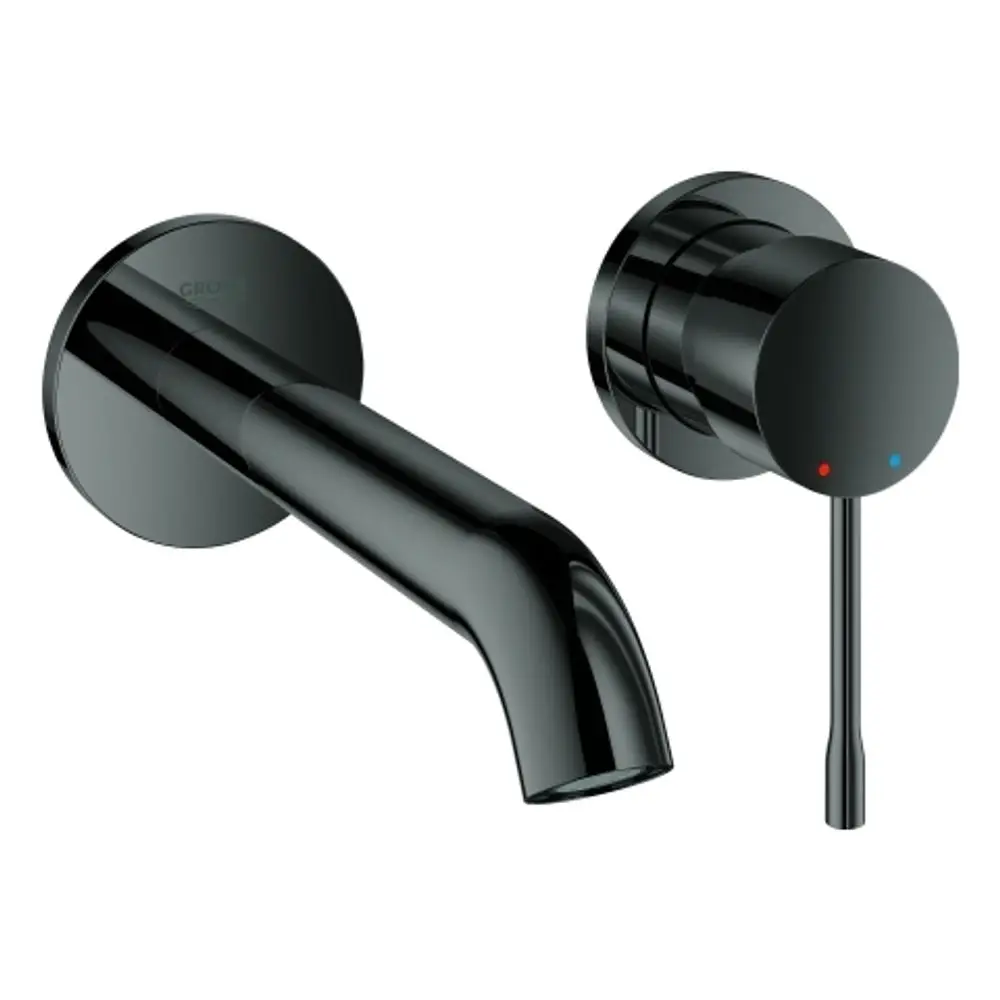 Schwarze Wandarmatur von Grohe mit einem langen Auslauf und einem einstellbaren Griff zur Temperaturregelung. Minimalistisches Design für moderne Bäder.