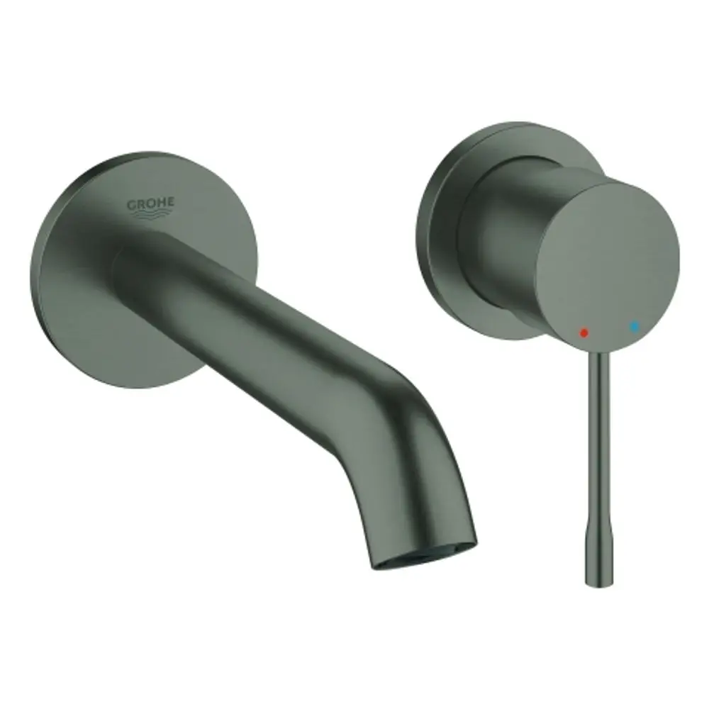 GROHE Wandarmatur mit einem Auslauf und einem Bedienhebel zur Regulierung von Warm- und Kaltwasser. Oberfläche in dunklem Graphitton.