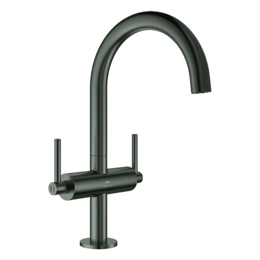 GROHE-Waschtischarmatur mit zwei Hebeln, in dunkler Graphitfarbe, mit einem hohen, gebogenen Auslauf. Geeignet für den Einbau in ein Waschbecken.