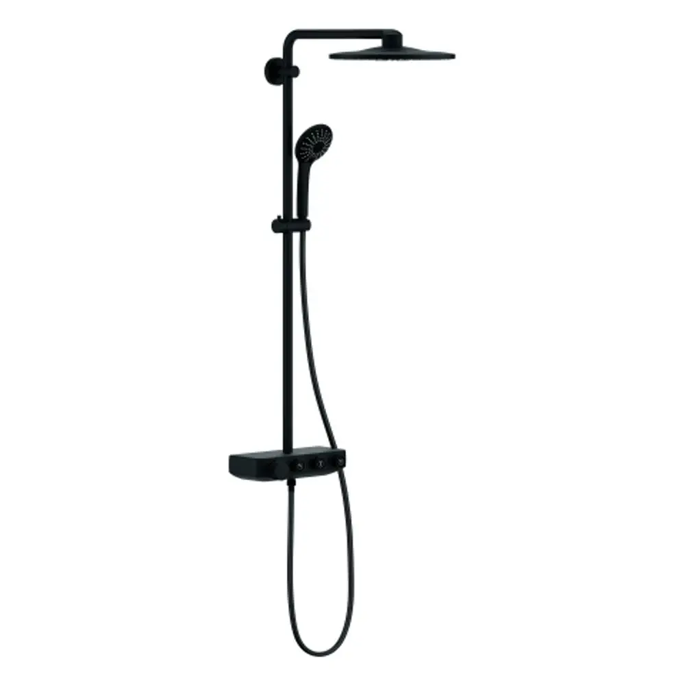 Schwarzes Duschsystem von Grohe mit einem oberen Duschkopf und einer Handbrause, Rohrstruktur mit Halterungen und Steuerungselementen zur Anpassung des Wasserflusses.