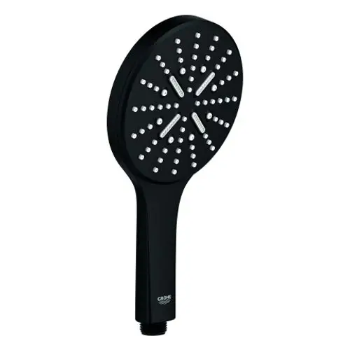 Schwarze Handbrause mit runder Kopfplatte und mehreren Düsen für gleichmäßigen Wasserfluss, passend für Rainshower-Systeme.