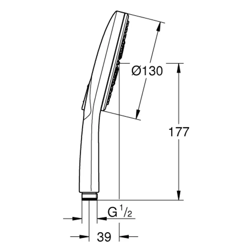 Grohe Handbrause mit einer schmalen, ergonomischen Form und verschiedenen Strahlarten, abgebildet in einer Seitenansicht. Maße und Details sind deutlich dargestellt.