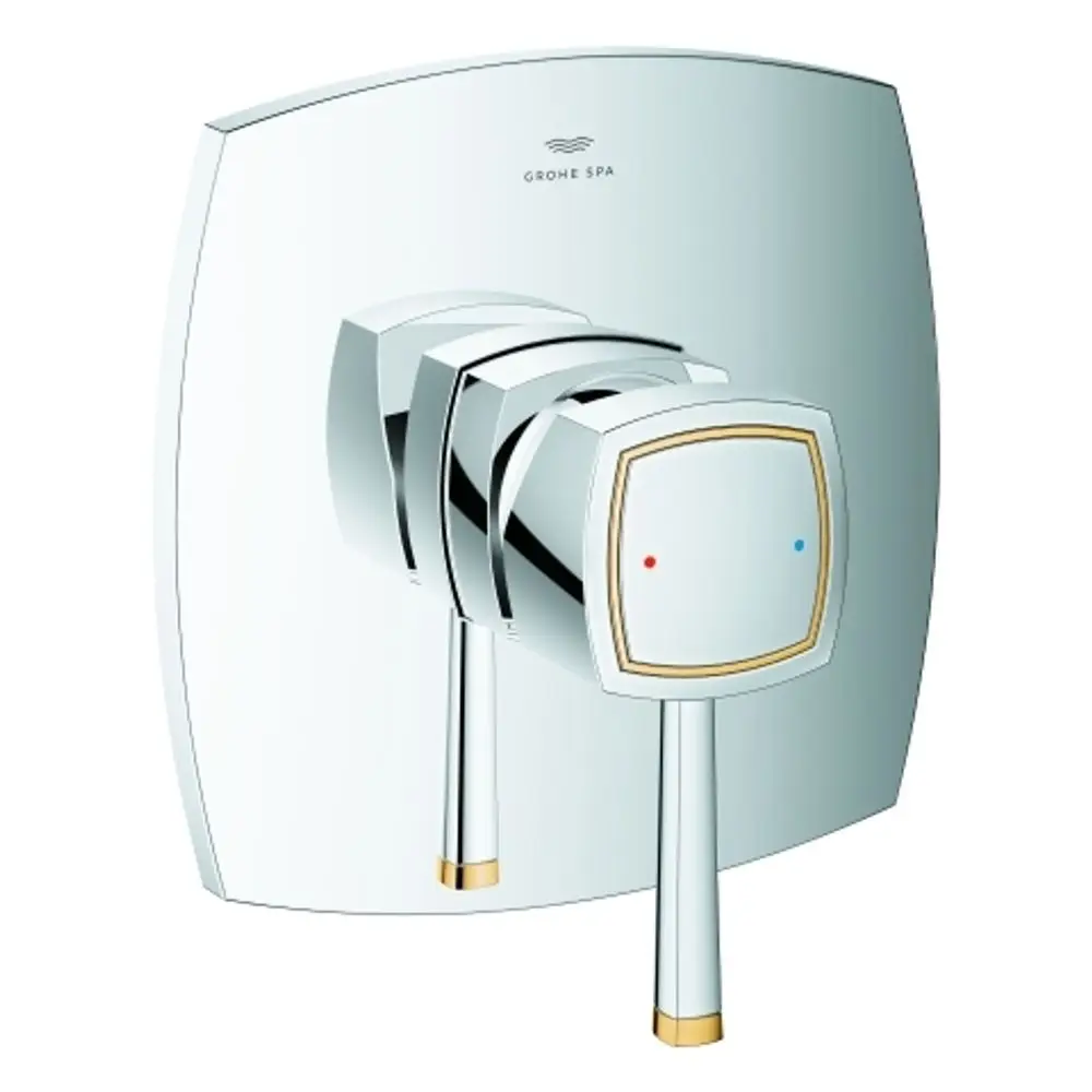 GROHE Wandarmatur mit einem eleganten Design, bestehend aus zwei Hebeln zur Steuerung von Wasserfluss und Temperatur, auf einer rechteckigen, glatten Oberfläche.