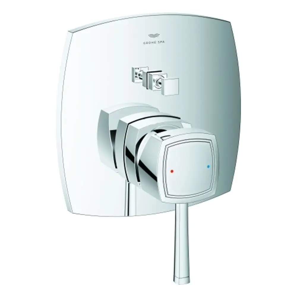Wannenbatterie von Grohe mit chromfarbener Oberfläche und Steuerungselementen zur Temperatur- und Wasserflussregelung.
