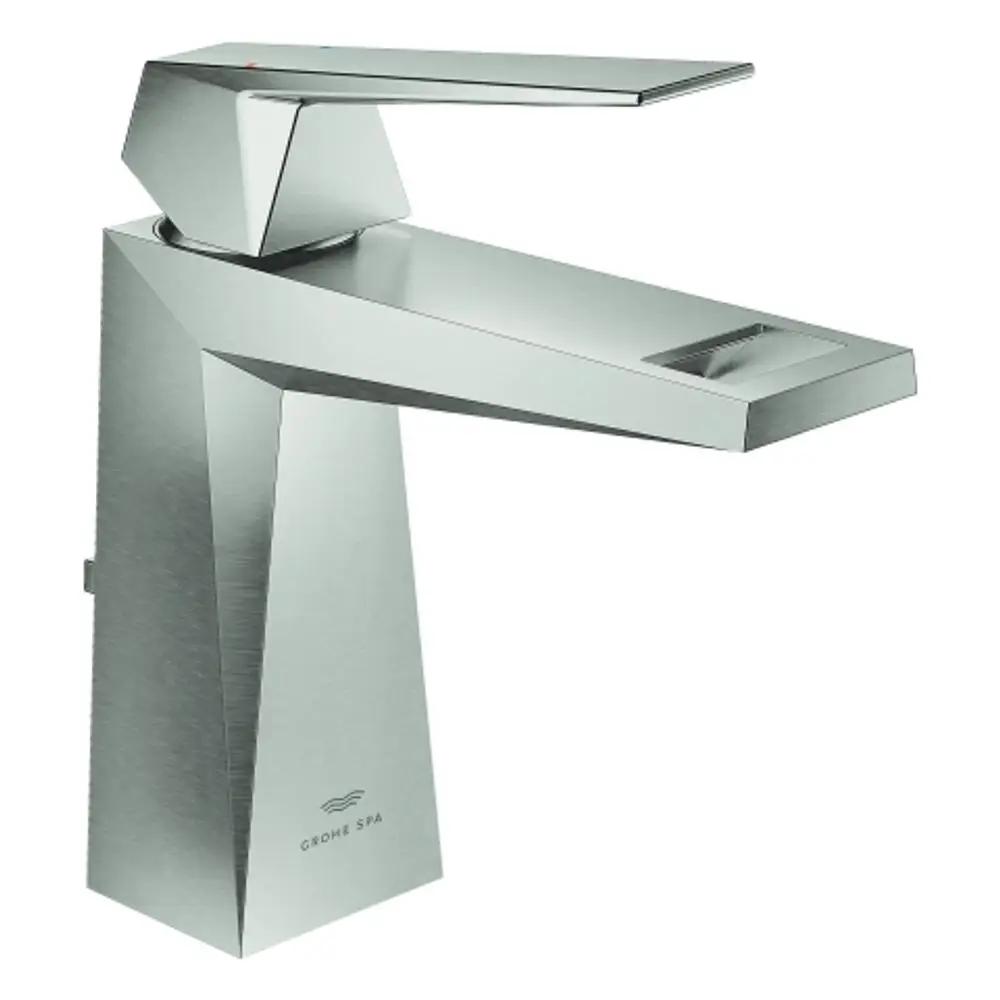 Ein moderner Wasserhahn aus Edelstahl von Grohe mit einem klaren, geometrischen Design und einem Hebel zur Temperatur- und Durchflussregulierung.