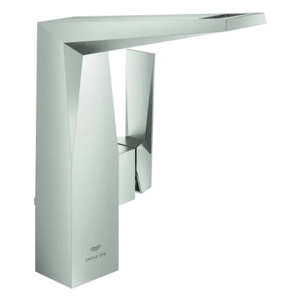 Grohe Wasserhahn aus Edelstahl mit einer modernen, geometrischen Form. Die Bauweise zeigt eine klare, schlanke Gestaltung ohne überflüssige Elemente. Ideal für zeitgemäße Badezimmer.
