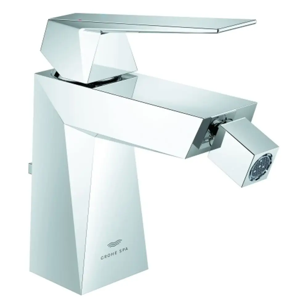 GROHE Wasserhahn für Bidets in Chromfarbe mit rechteckiger Form und einem schmalen Hebel zum Regulieren des Wasserdurchflusses.