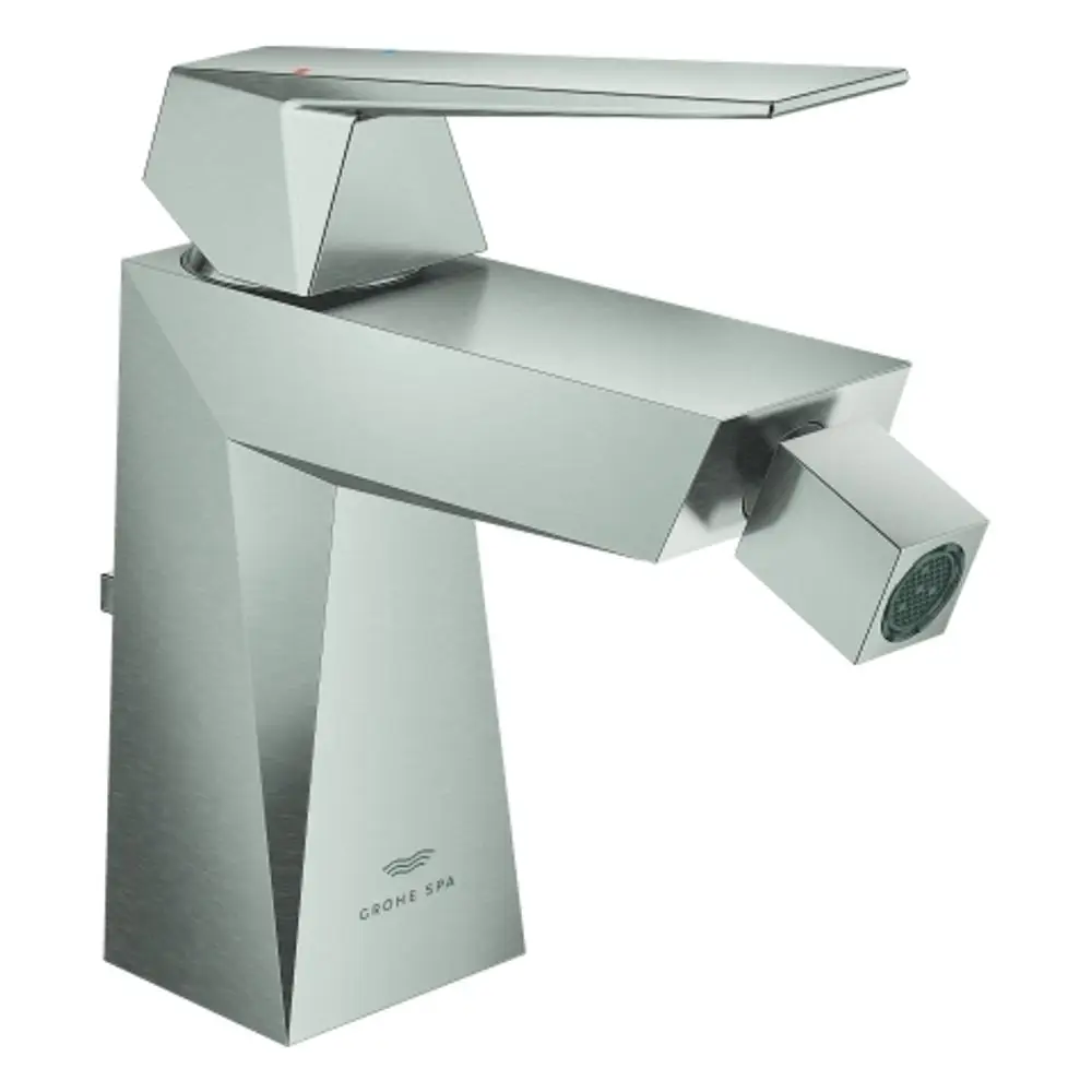 Grohe Mischbatterie mit klaren Linien und rechteckiger Form, aus Edelstahl, geeignet für Bidets, ausgestattet mit einem einlenkbaren Wasserstrahl.