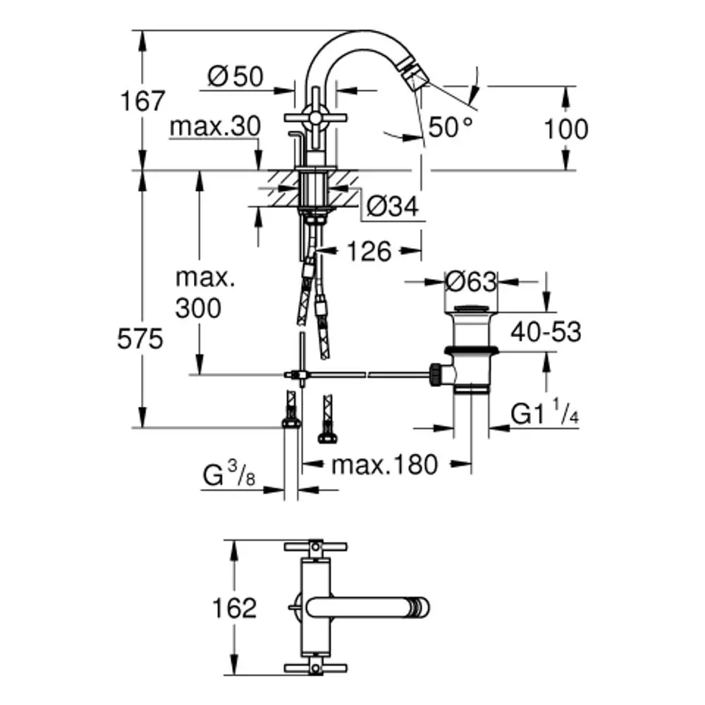 GROHE Bidetarmatur mit zwei Griffen und einer gebogenen Auslaufhöhe, technische Zeichnung mit Maßangaben und Anschlussdetails für Installation.