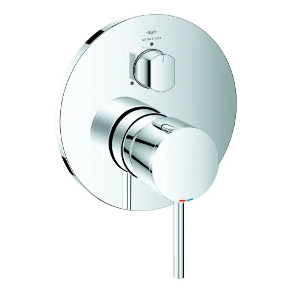 Einhandbatterie von Grohe mit runder Wandplatte und einem zentralen Bedienknopf zur Temperaturregelung sowie einem Auslauf mit Hebel für die Wasserumstellung.