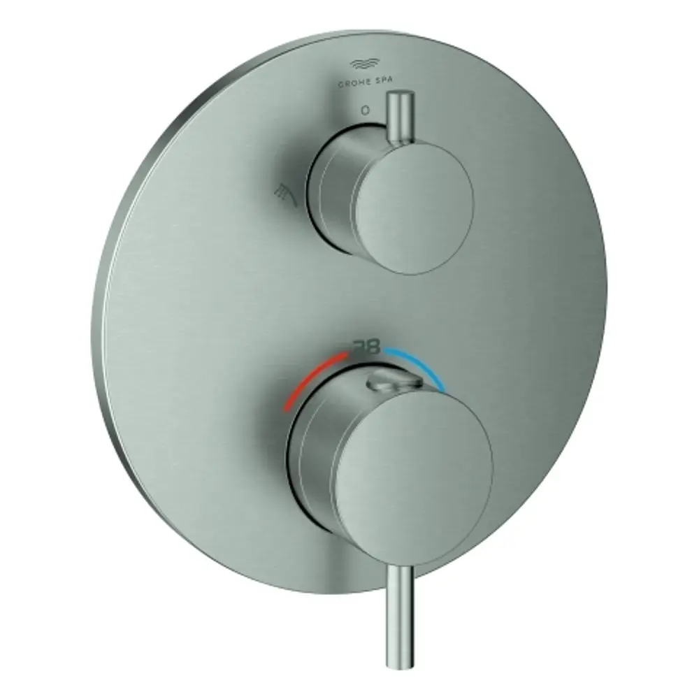 GROHE-Brausebatterie mit zwei verstellbaren Reglern zur Temperatur- und Wasserflusskontrolle, montiert auf einer runden Wandplatte in matter Metall-Optik.