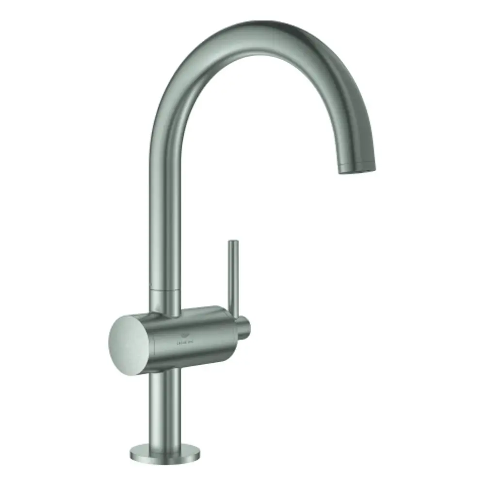 Einhand-Waschtischbatterie von Grohe in Supersteel-Optik, mit hohem gewölbtem Auslauf und seitlichem Hebel zur Steuerung des Wasserflusses.