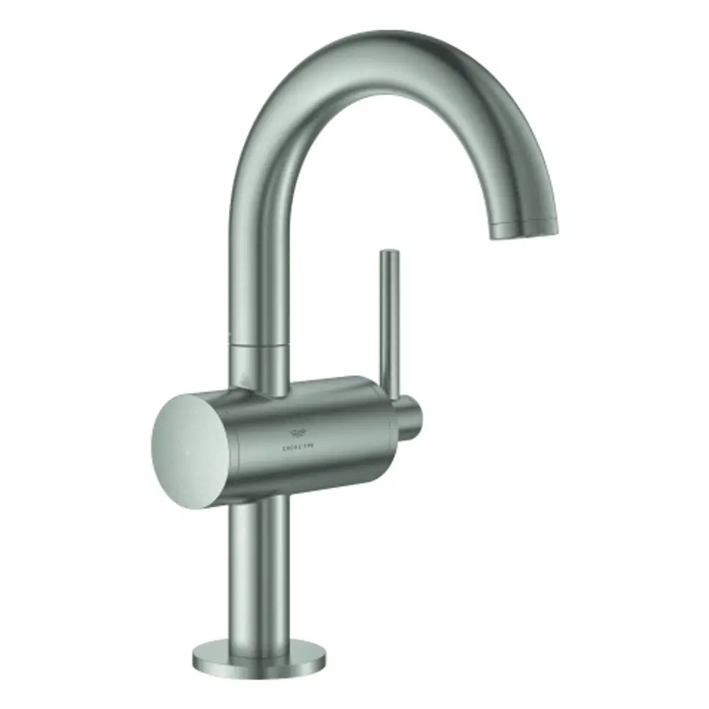 Einzelne Einhand-Waschtischarmatur aus Edelstahl von Grohe mit geschwungenem Auslauf und seitlichem Hebel zur Temperaturregulierung.