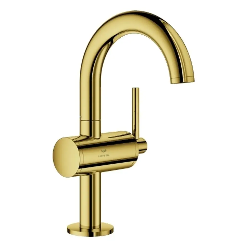Grohe-Waschtischarmatur in glänzendem Gold, mit einem hohen, gebogenen Auslauf und einem seitlichen Hebel zur Regulierung des Wasserflusses.