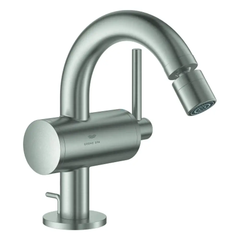Einhand-Bidetbatterie aus Edelstahl von Grohe mit leicht gebogenem Auslauf und seitlichem Hebel zur Wassertemperatur- und -mengeinstellung.