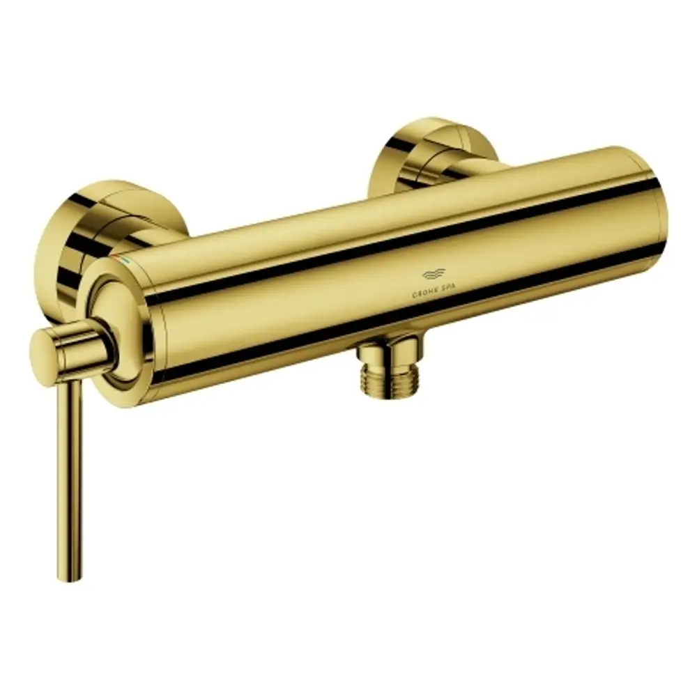 Goldene Wand-Brausebatterie von Grohe mit einem runden, schlanken Design und einem seitlichen Hebel zur Regulierung der Wasserzufuhr.