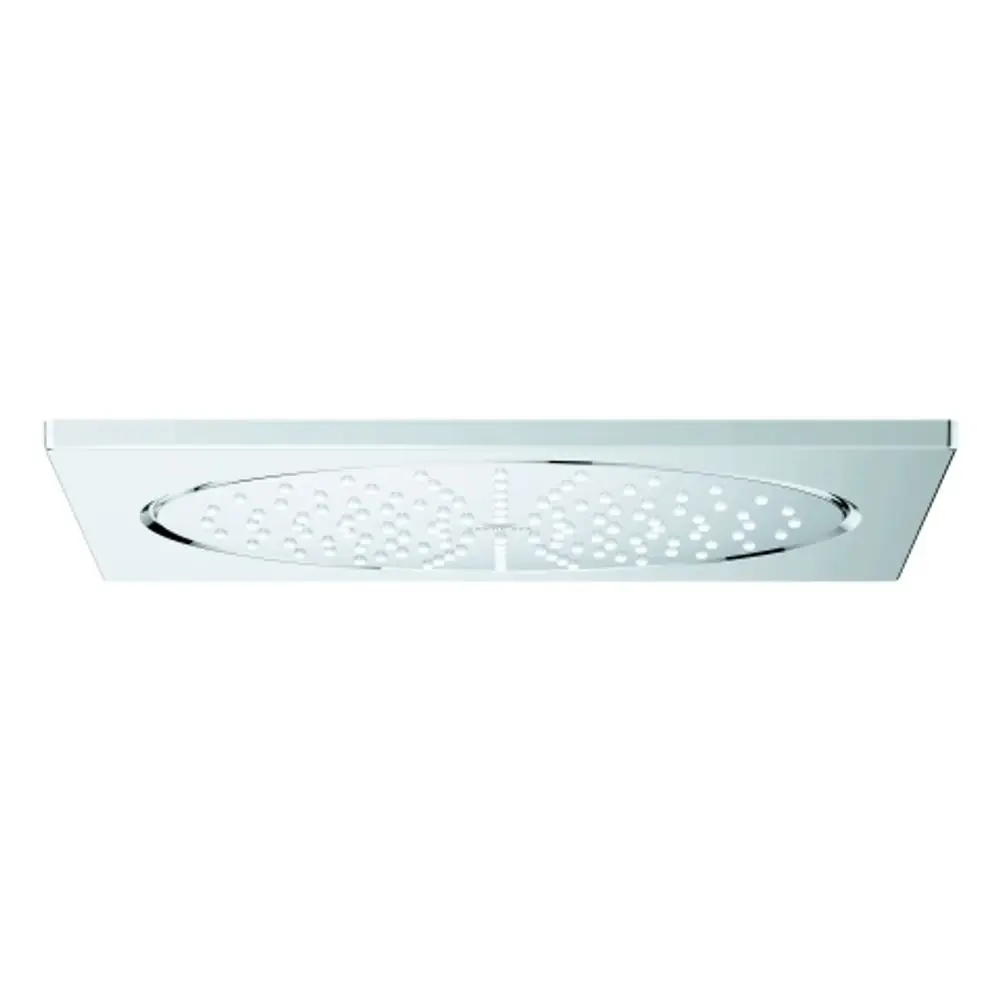 Grohe Deckenbrause mit flacher, rechteckiger Form und perforierter Oberfläche. Sie ist in Chrom ausgeführt und für die Wandmontage geeignet.