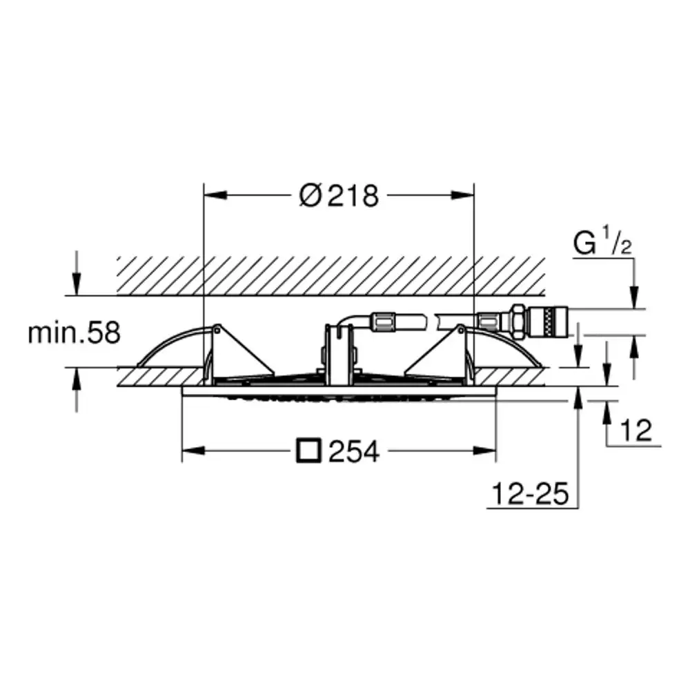 Technische Zeichnung einer Grohe Deckenbrause mit seitlichen Halterungen, dargestellten Abmessungen und Montageanleitungen.