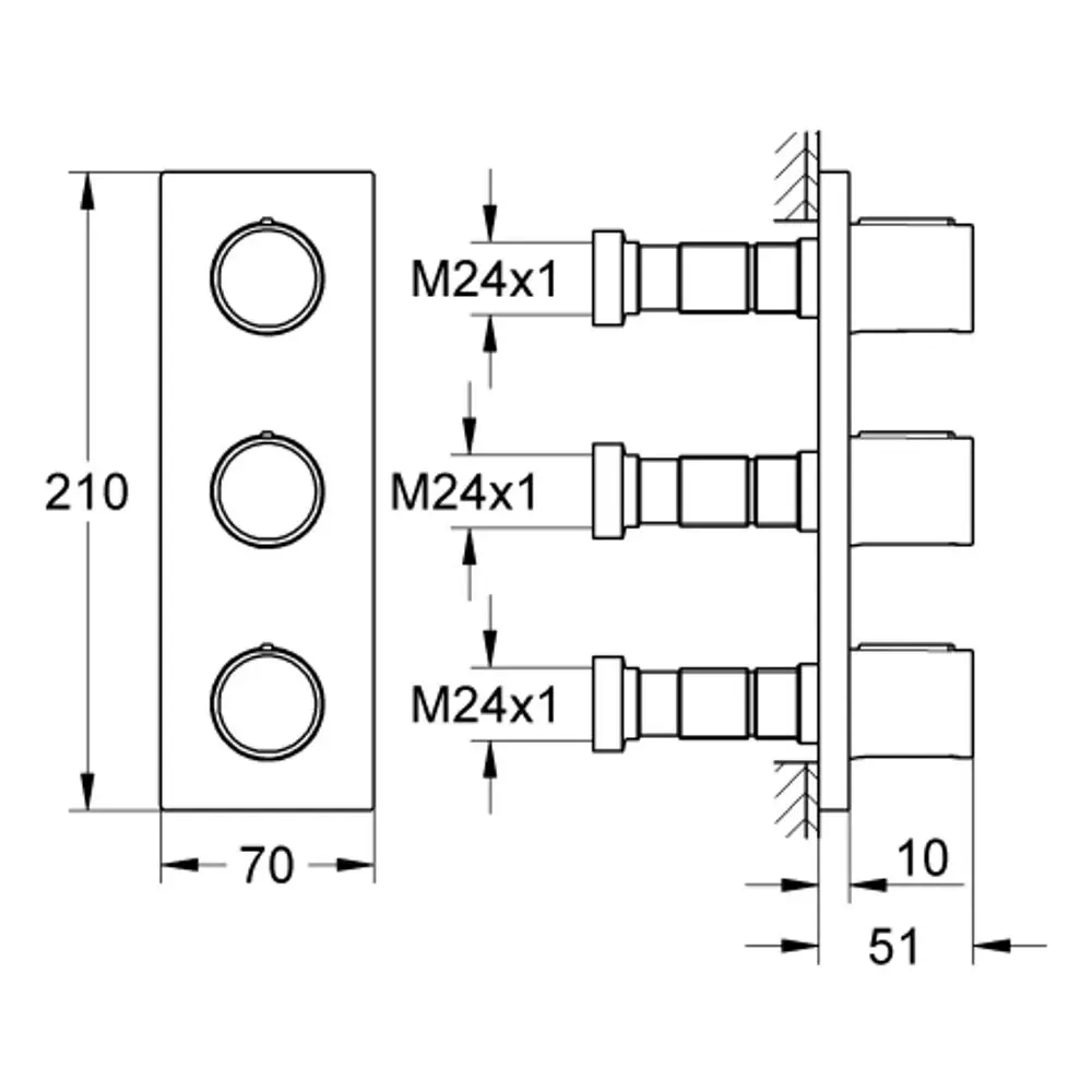 GROHE Unterputzventil mit drei M24x1 Anschlüssen, montiert auf einer rechteckigen Platte mit Abmessungen für Wandinstallation.