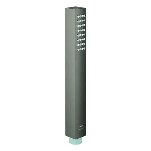 Duschkopf in schlanker, rechteckiger Form mit mehreren Wasserstrahlöffnungen, gefertigt aus grauem Material. Ideal für moderne Badezimmer.