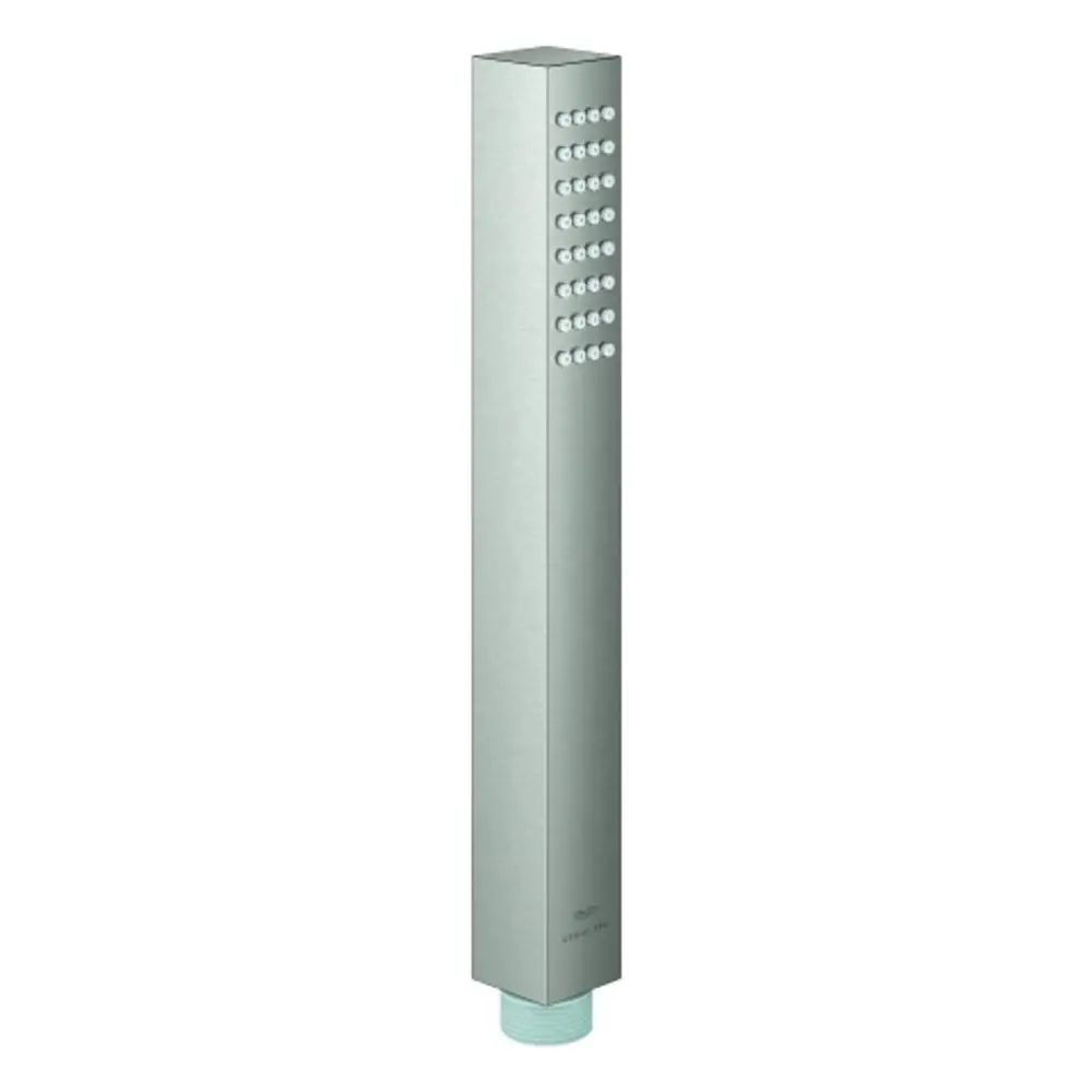 Grohe Handbrause mit rechteckigem Design, ausgestattet mit mehreren Düsen für Wasserstrahl, in gebürstetem Edelstahl-Finish. Montage erfolgt über Gewindeanschluss.